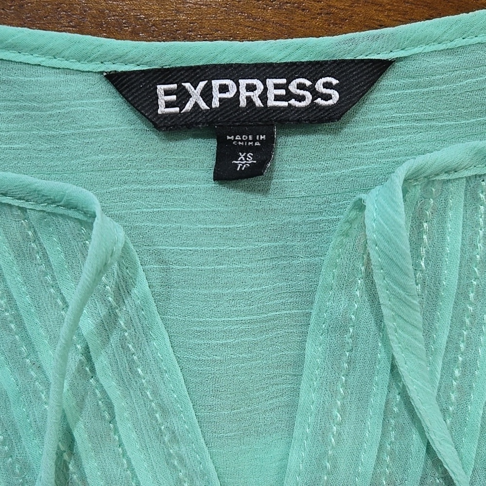 Express Mint Sequin Sheer Chiffon Rolled Cuff Boho Peasant Top Size XS - Picture 2 of 11